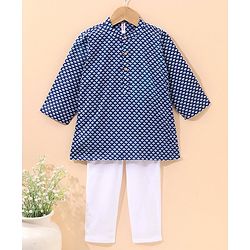 Babyhug Full Sleeves Kurta & Pajama Set Ethnic Print - White Blue