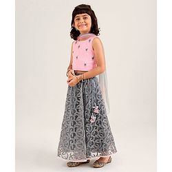 Babyhug Sleeveless Sequecned Embroidered Choli With Lehenga And Dupatta Set - Pink & Grey.