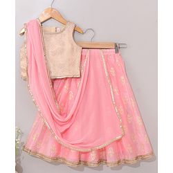 Babyhug Sleeveless Choli & Lehenga Set with Dupatta Floral Embroidered - Peach