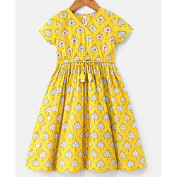 Babyhug Half Sleeves Floral Printed Ethnic Dress - Yellow