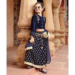 Babyhug Three Fourth Sleeves Embroidered Flared Lehenga Choli & Dupatta - Blue