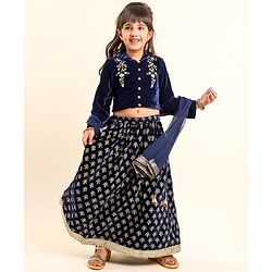 Babyhug Three Fourth Sleeves Embroidered Flared Lehenga Choli & Dupatta - Blue