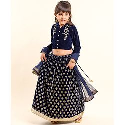 Babyhug Three Fourth Sleeves Embroidered Flared Lehenga Choli & Dupatta - Blue