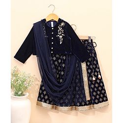 Babyhug Three Fourth Sleeves Embroidered Flared Lehenga Choli & Dupatta - Blue