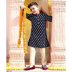 Babyhug Full Sleeves Embroidered Kurta and Pyjama Set - Navy & Cream