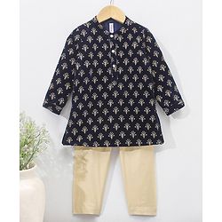 Babyhug Full Sleeves Embroidered Kurta and Pyjama Set - Navy & Cream