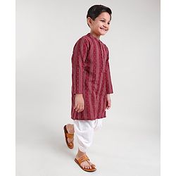 Babyhug Three Fourth Sleeve Handloom Stripe Kurta With Dobby Dhoti- MaroonBabyhug Three Fourth Sleeve Handloom Stripe Kurta With Dobby Dhoti- Maroon