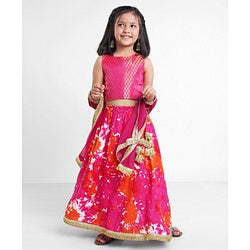 Babyhug Sleeveless Choli & Lehenga Set with Dupatta Tie Dye Print with Zari Design & Golden Lace Hem - Fuschia