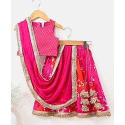 Babyhug Sleeveless Choli & Lehenga Set with Dupatta Tie Dye Print with Zari Design & Golden Lace Hem - Fuschia