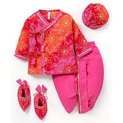 Babyhug 100% Cotton Full Sleeves Kurta & Dhoti Set Bandhani Print- Fuschia