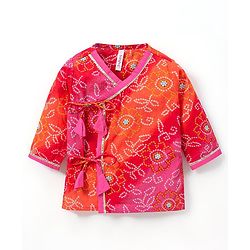 Babyhug 100% Cotton Full Sleeves Kurta & Dhoti Set Bandhani Print- Fuschia