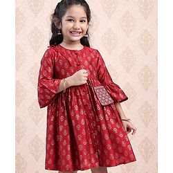 Babyhug Three Fourth Sleeves Ethnic Dress Printed- Red