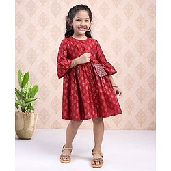 Babyhug Three Fourth Sleeves Ethnic Dress Printed- Red