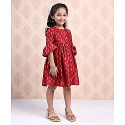 Babyhug Three Fourth Sleeves Ethnic Dress Printed- Red