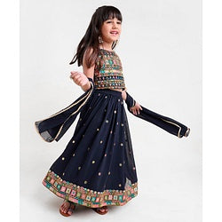 Babyhug Sleeveless Choli & Lehenga Set with Dupatta Thread Work - Blue