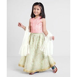 Babyhug Woven Sleeveless Choli & Lehenga with Dupatta Floral Thread Work & Sequin Detailing - Light Green & Pink