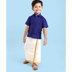 Babyhug Half Sleeves Shirt & Mundu Set Solid Colour- Royal Blue