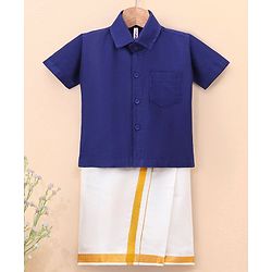 Babyhug Half Sleeves Shirt & Mundu Set Solid Colour- Royal Blue