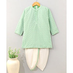 Babyhug Full Sleeves Kurta And Dhoti Thread Embroidery - Green & White