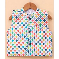 Babyhug 100% Cotton Full Sleeves Solid Kurta and Pyjama Set with Printed Modi Jacket - Navy & White