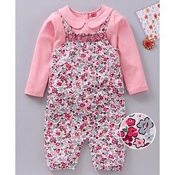 Babyhug Full Sleeves T-shirt and Dungaree Set Floral Print - Pink Off White
