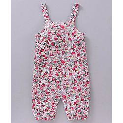 Babyhug Full Sleeves T-shirt and Dungaree Set Floral Print - Pink Off White