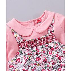 Babyhug Full Sleeves T-shirt and Dungaree Set Floral Print - Pink Off White
