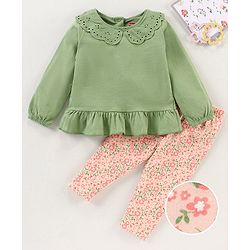 Babyhug Cotton Knit Full Sleeves Solid Tee & Pant Floral Print - Green Peach