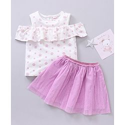 Babyhug Half Sleeves Top & Skirt Floral Embroidery - White Purple