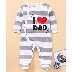 Babyhug Full Sleeves Cotton Striped and Text Print Sleep Suit - White