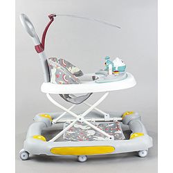 Babyhug Unicorn Foldable Baby Walker Cum Rocker With Parent Push Handle & Sun Shade - Grey