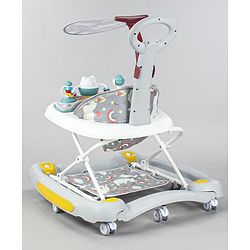 Babyhug Unicorn Foldable Baby Walker Cum Rocker With Parent Push Handle & Sun Shade - Grey