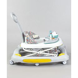 Babyhug Unicorn Foldable Baby Walker Cum Rocker With Parent Push Handle & Sun Shade - Grey