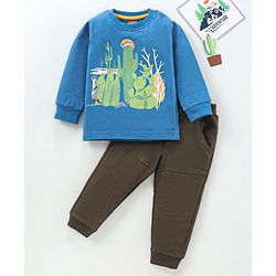 Babyhug Full Sleeves T-Shirt & Lounge Pant cactus Print - Blue & Olive Green