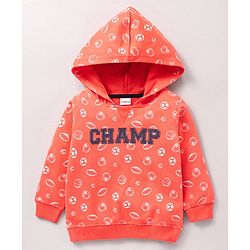 Babyhug 100% Cotton Hooded T-Shirt And Lounge Pant Football Print - Orange Ecru