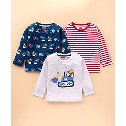 Babyhug Full Sleeves Tee Construction Vehicle Print Pack of 3 - Navy Blue Light Grey Red