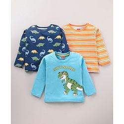 Babyhug Cotton Knit Full Sleeve Dino Print & Striped T-Shirt Pack of 3 - Multicolour