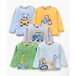 Babyhug Cotton Jersey Knit Full Sleeves T-Shirts Driving Cartoons Printed Pack of 5 - Multicolour