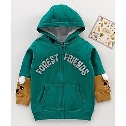 Babyhug Cotton Knit Full Sleeves Hooded HD Text Printed Sweat Jacket with Applique & Fur Detailing- Green