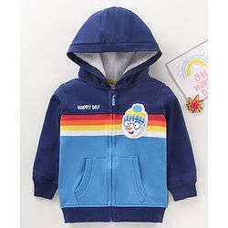 Babyhug Full Sleeves Cut & Sew Hooded Sweat Jacket With Print & Applique - Navy Blue