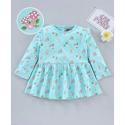 Babyhug 100% Cotton Knit Full Sleeves Floral Printed Frock Style Onesie - Blue