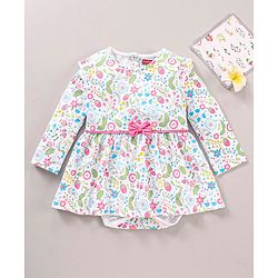 Babyhug 100% Cotton Full Sleeves Frock Style Onesie with Bow Applique and Floral Print - Blue
