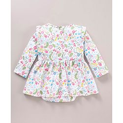 Babyhug 100% Cotton Full Sleeves Frock Style Onesie with Bow Applique and Floral Print - Blue