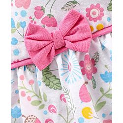 Babyhug 100% Cotton Full Sleeves Frock Style Onesie with Bow Applique and Floral Print - Blue