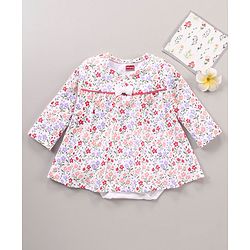 Babyhug 100% Cotton Full Sleeves Frock Style Onesie with Bow Applique and Floral Print - Multicolor