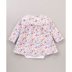 Babyhug 100% Cotton Full Sleeves Frock Style Onesie with Bow Applique and Floral Print - Multicolor