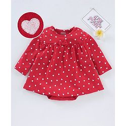 Babyhug 100% Cotton Knit Full Sleeves Heart Printed Frock Style Onesie - Red
