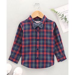 Babyhug Cotton Full Sleeves Checks Shirt With A Bow - Orange Navy