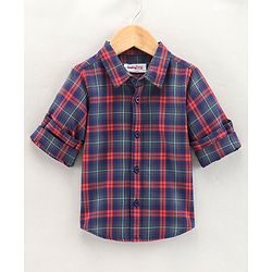 Babyhug Cotton Full Sleeves Checks Shirt With A Bow - Orange Navy