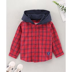 Babyhug Full Sleeves Cotton Hooded Shirt Checks - Red